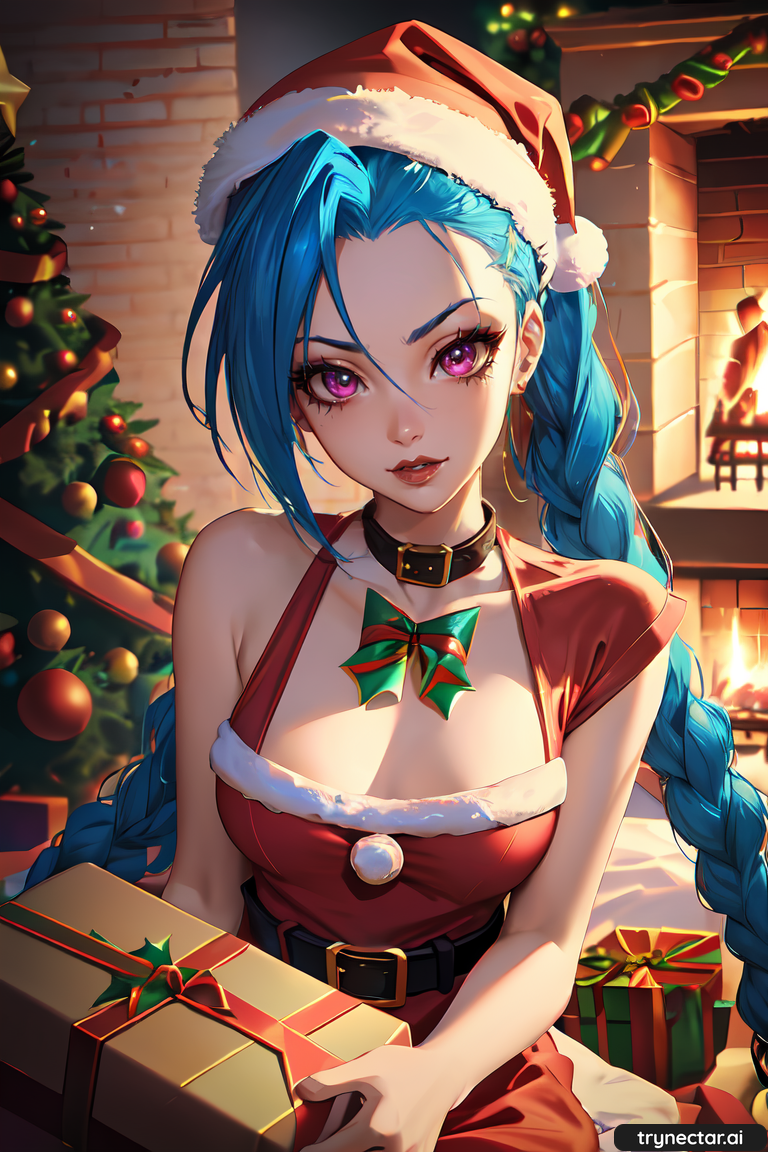 1girl ai_generated breasts christmas christmas_outfit christmas_tree female_only fireplace gift_box hentai jinx league_of_legends trynectar.ai waifu2x