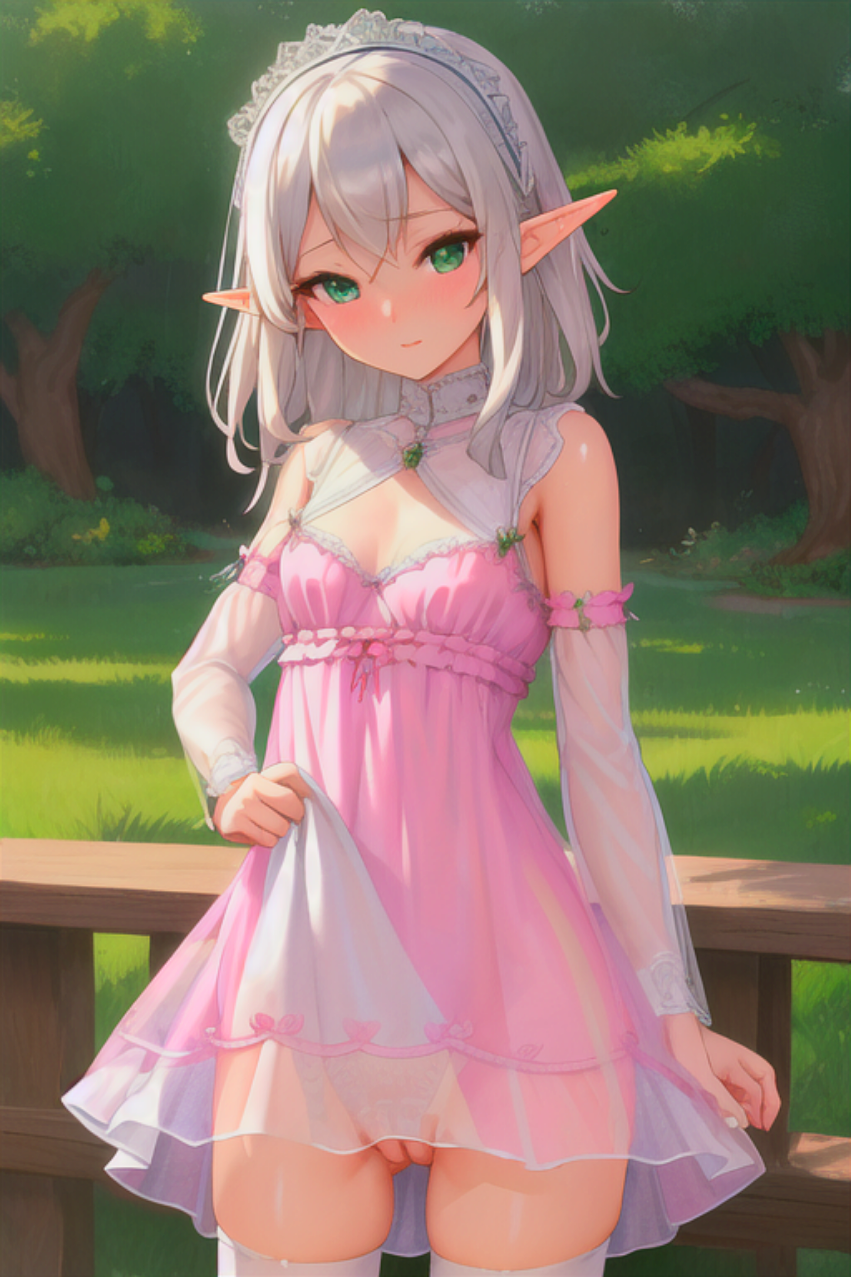 ai_generated blush cleft_of_venus dress_lift dress_pink elf elf_ears elf_female female_focus green_eyes nature original pointy_ears pussy silver_hair small_breasts stable_diffusion