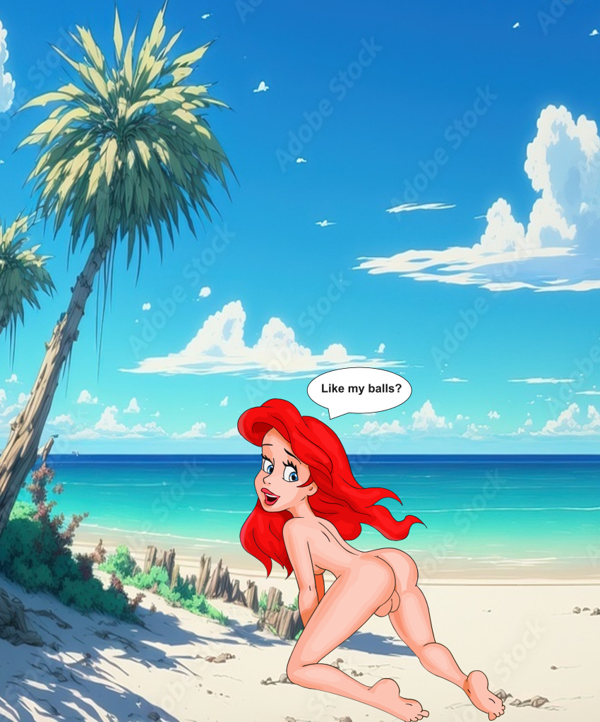 1girl ai_generated ass back_view beach blue_eyes blue_sky bush clouds covered_nipples disney edit enticing futa futa_only futanari lipstick long_hair looking_back obscured_penis on_fours palm_tree presenting princess_ariel question red_hair rock sand scrotum sexy speech_bubble tagme talking_to_viewer the_little_mermaid tree vector_trace wood