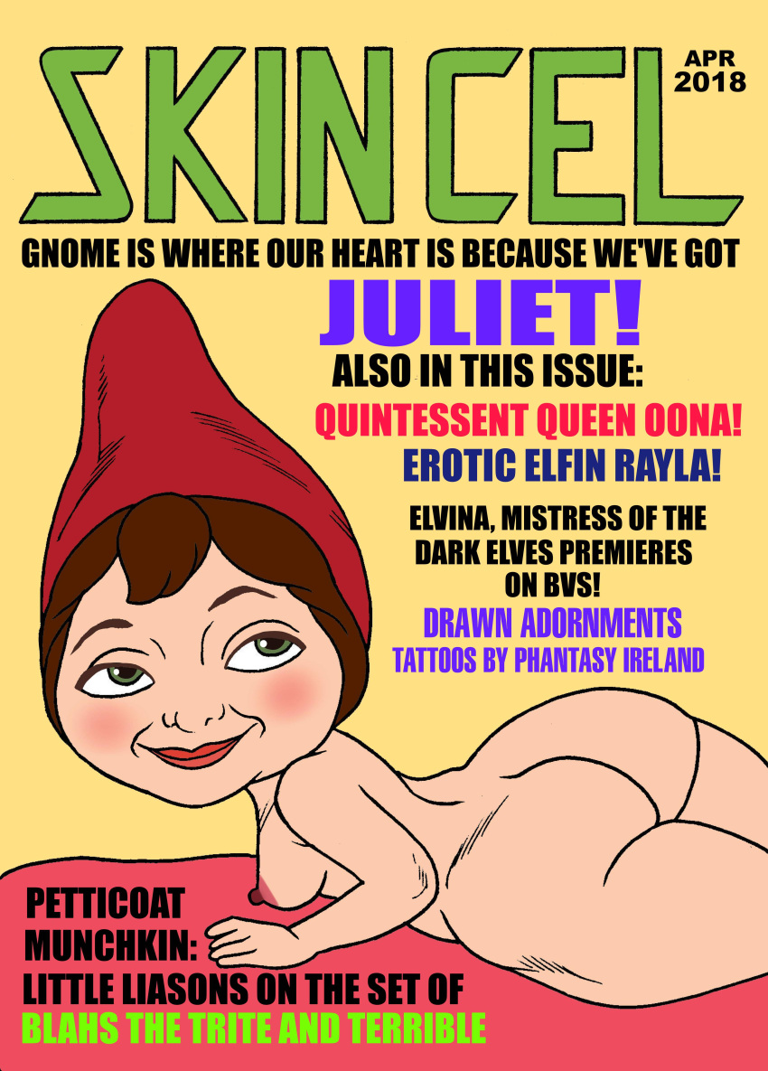 1girl ass blush gnome gnomeo_and_juilet green_eyes juliet_(gnomeo_and_juilet) lawn_gnome nude red_hat shortstack sideboob smile toonytease