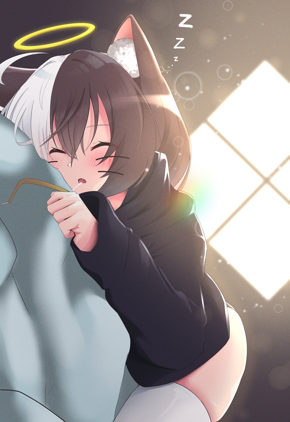 1girls :3 ass big_ass big_breasts black_clothes black_clothing black_hair black_shoes breasts cat_ears cat_humanoid cat_tail catgirl dawn embarrassed feline hair_up holding_object in_bed looking_at_viewer moustache peace_sign pink_eyes serpias sleeping tezbert_dusk13 twitch twitch.tv twitching twitter v virtual_youtuber vtuber white_footwear white_hair window yellow_eyes youtube youtube_hispanic youtuber youtuber_girl zzz