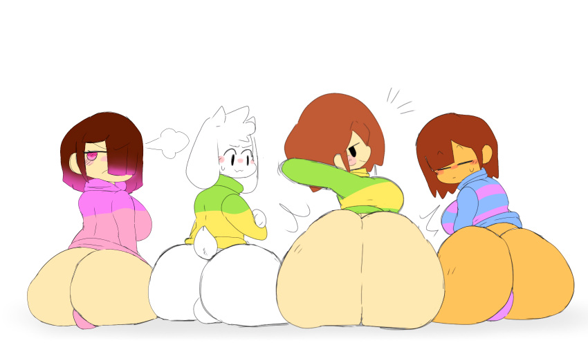 1boy 3girls asriel_dreemurr ass_envy ass_focus balls big_ass big_breasts blush breasts brown_hair chara doodle frisk furry girly glitchtale huge_ass jealous looking_back male mochikirb panties sitting tail undertale white_background
