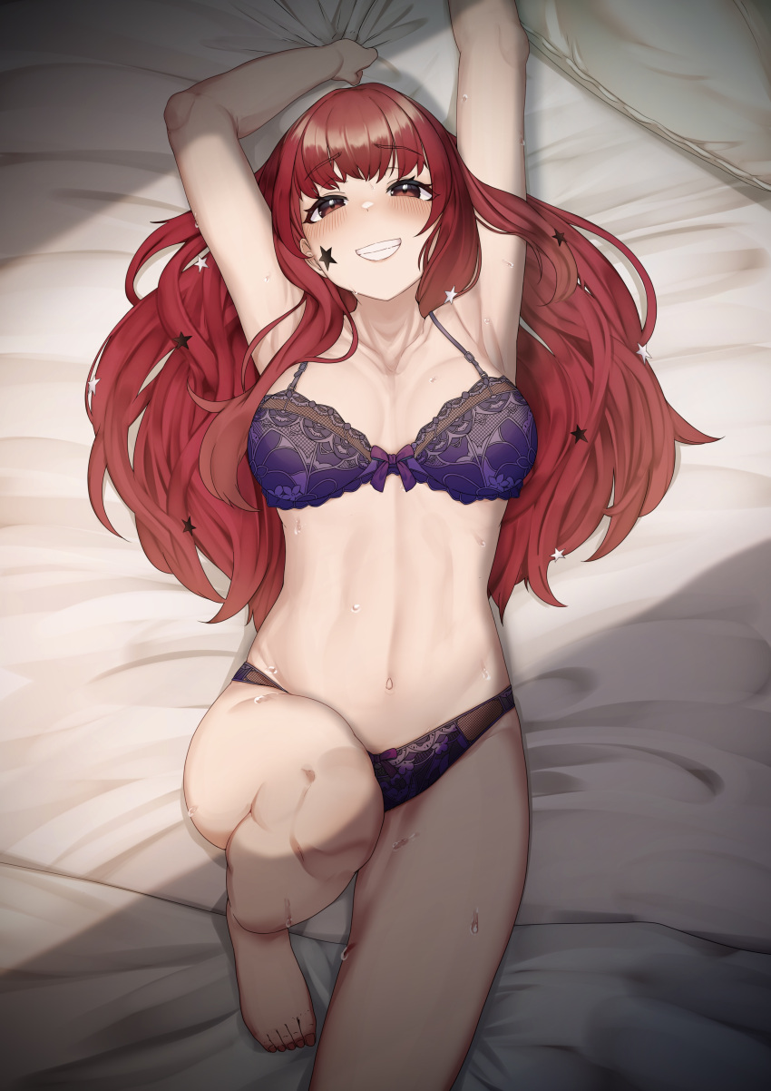 1girl absurd_res alluring baby_bangs bare_thighs bed bed_sheet bedroom_eyes big_breasts blush bow bowtie bra breasts brown_eyes commentary_request dot_nose facial_mark facial_tattoo female_only fire_emblem fire_emblem_engage grin hair_ornament high_res light lingerie long_hair looking_at_viewer medium_bangs navel nintendo on_back on_bed panties pillow purple_bow purple_bowtie purple_panties r-man red_eyes red_hair sheet_grab smile star_(symbol) star_facial_mark star_hair_ornament sweat tattoo teeth thighs underwear yunaka_(fire_emblem)