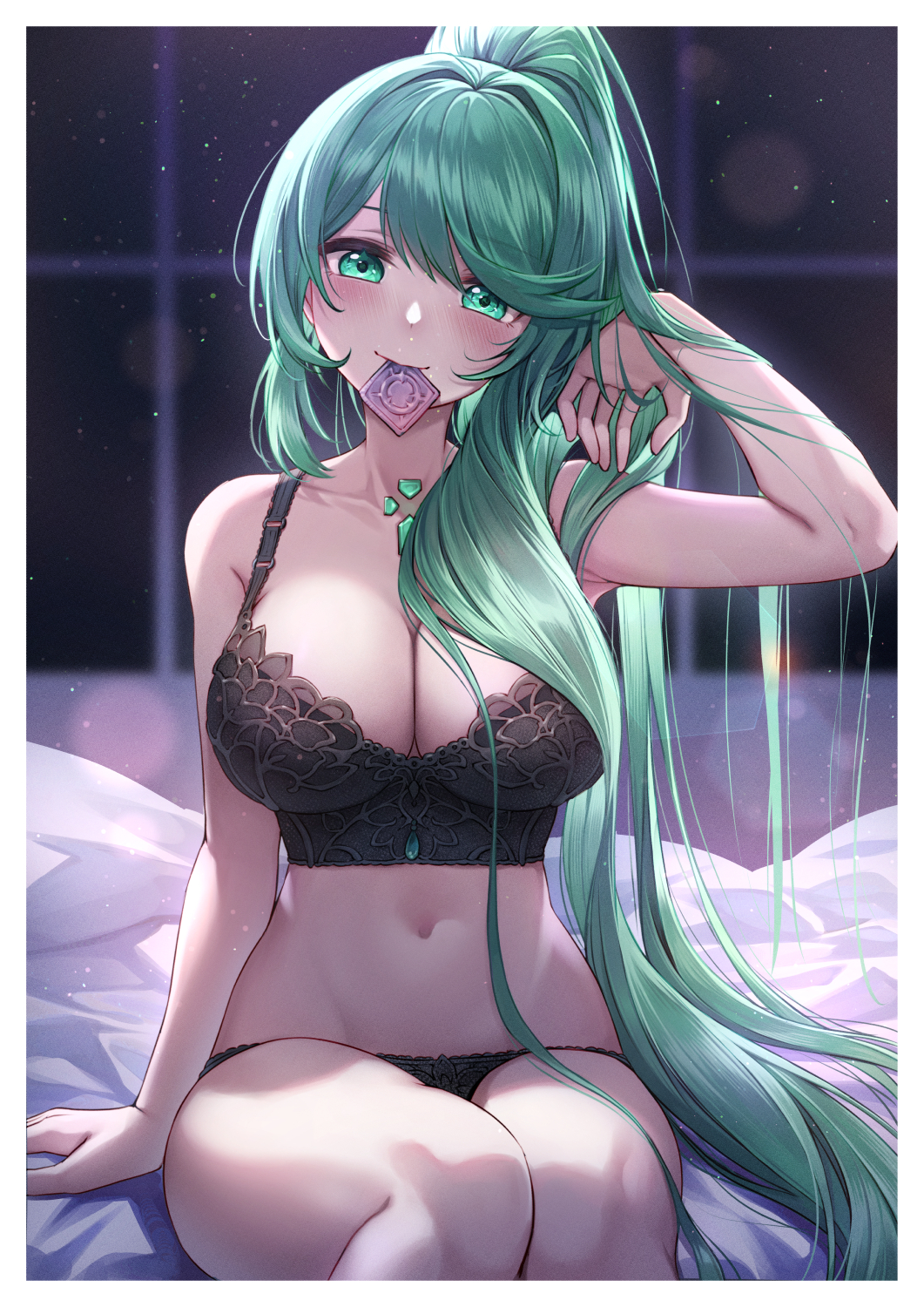 1girl adjusting_hair alluring bare_legs big_breasts black_bra black_panties blurry blurry_background bra breasts chest_jewel condom condom_in_mouth condom_wrapper core_crystal_(xenoblade) curry_bowl green_eyes green_hair high_ponytail high_res long_hair looking_at_viewer mouth_hold navel on_bed panties pneuma_(xenoblade) ponytail sitting smile swept_bangs underwear underwear_only very_long_hair xenoblade_(series) xenoblade_chronicles_2