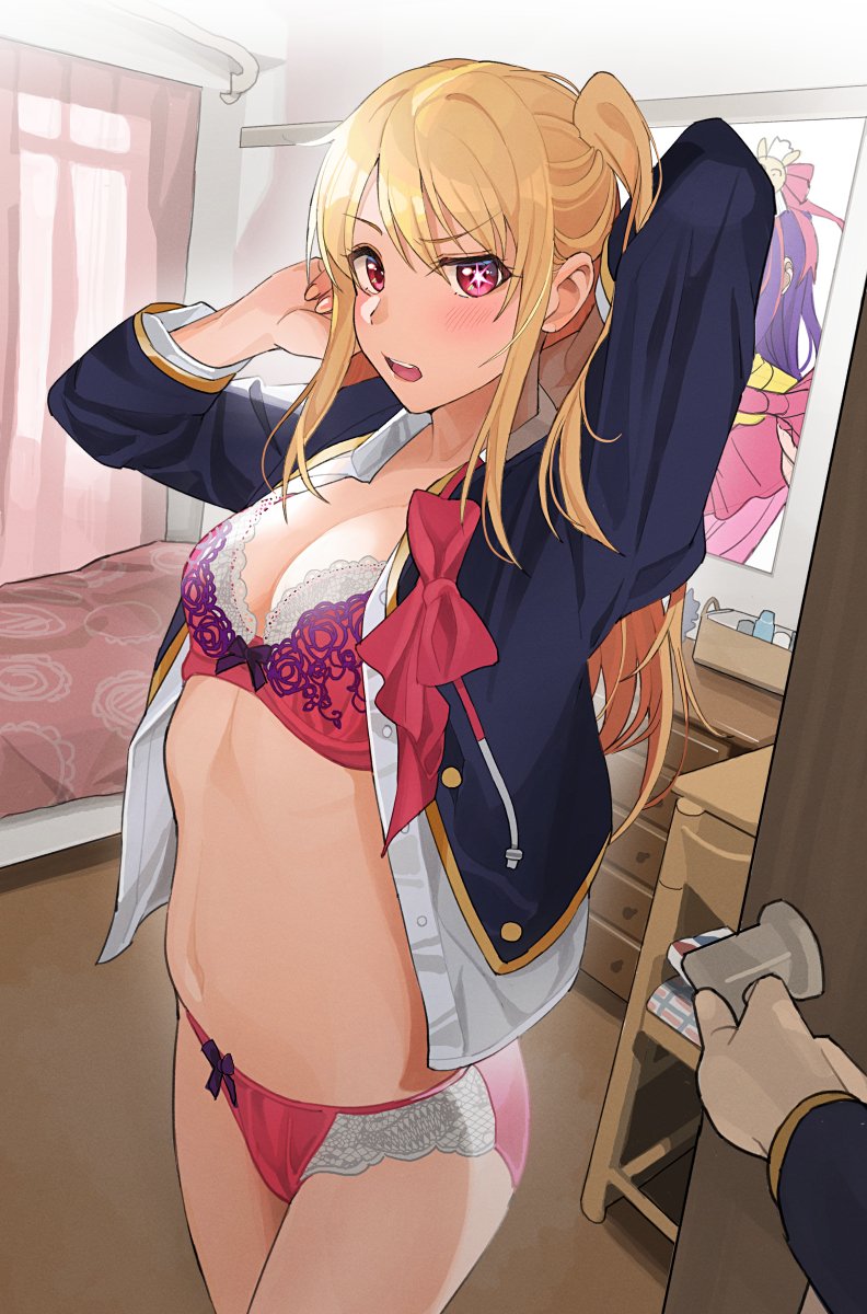 1boy 1girl bed bedroom blonde_hair blush bow bow_bra bow_panties bowtie bra breasts commentary_request door high_res hoshino_ai hoshino_ruby long_hair mismatched_pupils navel one_side_up opening_door oshi_no_ko panties red_bow red_bowtie red_bra red_eyes red_panties school_uniform siblings small_breasts solo_focus star-shaped_pupils star_(symbol) stomach symbol-shaped_pupils tipii twins underwear undressing walk-in youtou_high_school_uniform