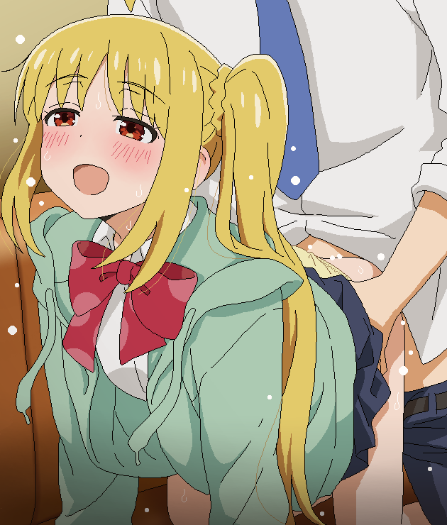 1boy 1girl :d bangs blonde_hair blue_necktie blush bocchi_the_rock! bow bowtie clothed_sex clothing_aside doggy_position green_jacket ijichi_nijika jacket neck_tie open_mouth panties panties_aside red_bow red_bowtie red_eyes sex sex_from_behind shirt side_ponytail smile solo_focus straight tomu_(tomubobu) torso_grab underwear white_shirt
