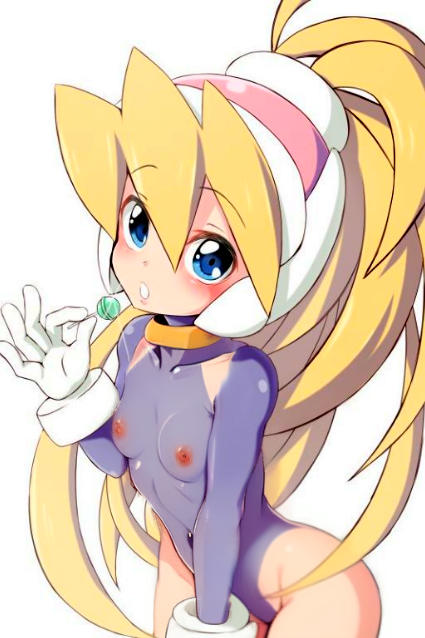 artist_request blonde_hair blue_eyes blush breasts capcom ciel_(rockman) female_focus gloves lolipop looking_at_viewer nipples nude_filter ponytail rockman_zero simple_background white_background