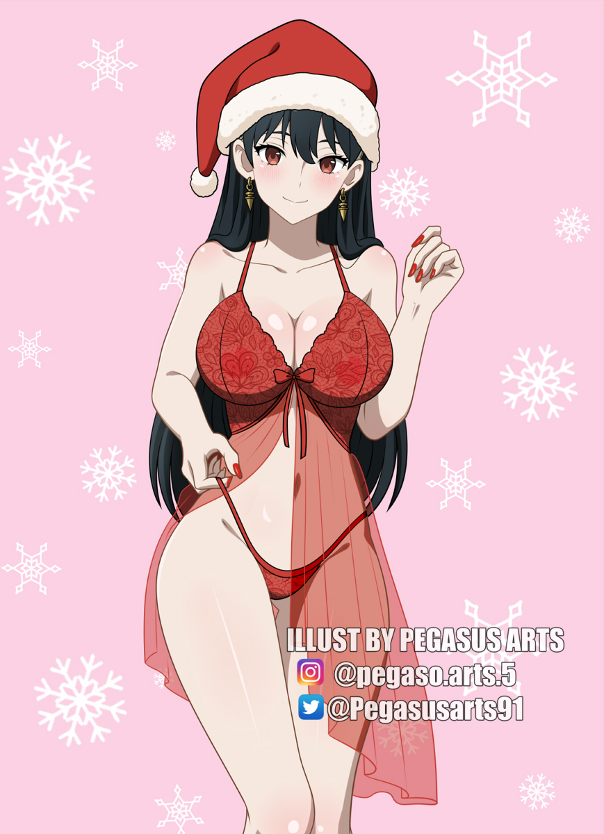 1girl 1girl 1girl alluring big_breasts black_hair blush breasts christmas christmas_clothing christmas_headwear christmas_lingerie christmas_outfit cleavage ear_piercing earrings english english_text female_only hair hat headwear hips lace lace-trimmed_panties lace_trim lingerie long_hair mature mature_female mature_woman milf nail_polish nails nightgown panties pegasusarts red_eyes red_nail_polish red_nails red_panties santa_hat solo_female spy_x_family text thighs yor_briar