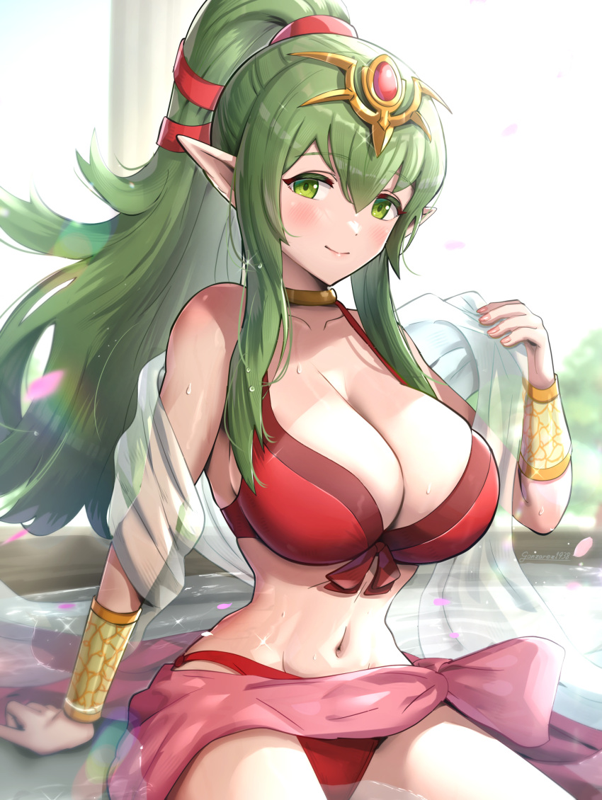 1girl 1girl 1girls absurd_res alluring alternate_costume arm_support bangs bare_shoulders big_breasts big_breasts bikini blush bracelet breasts cleavage closed_mouth collarbone commentary female_only fire_emblem fire_emblem_awakening fire_emblem_heroes gonzarez green_eyes green_hair groin hair_ornament high_ponytail high_res jewelry lips long_hair looking_at_viewer navel nintendo official_alternate_costume partially_submerged petals pink_sarong pointy_ears ponytail red_bikini red_swimsuit revision sarong shawl shiny shiny_hair shiny_skin simple_background sitting smile stomach swimsuit tiara tied_hair tiki_(adult)_(fire_emblem) tiki_(adult)_(summer)_(fire_emblem) tiki_(fire_emblem) very_long_hair wariza water water_drop wet
