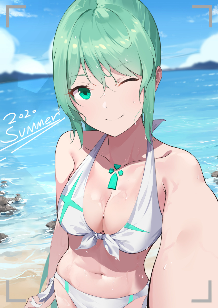 1girl 1girl ;) absurd_res aqua_eyes aqua_hair arm_at_side bare_shoulders bikini blue_sky breasts chest_jewel cleavage closed_mouth collarbone commentary cowboy_shot day english_commentary english_text evan_(pixiv7510743) front-tie_bikini_top front-tie_top gem halterneck high_res looking_at_viewer medium_breasts navel neon_trim nintendo ocean one_eye_closed outside outstretched_arm pneuma_(xenoblade) ribbon rock selfpic side-tie_bikini_bottom sidelocks sky smile spoilers stomach swimsuit viewfinder water white_bikini white_ribbon xenoblade_(series) xenoblade_chronicles_2
