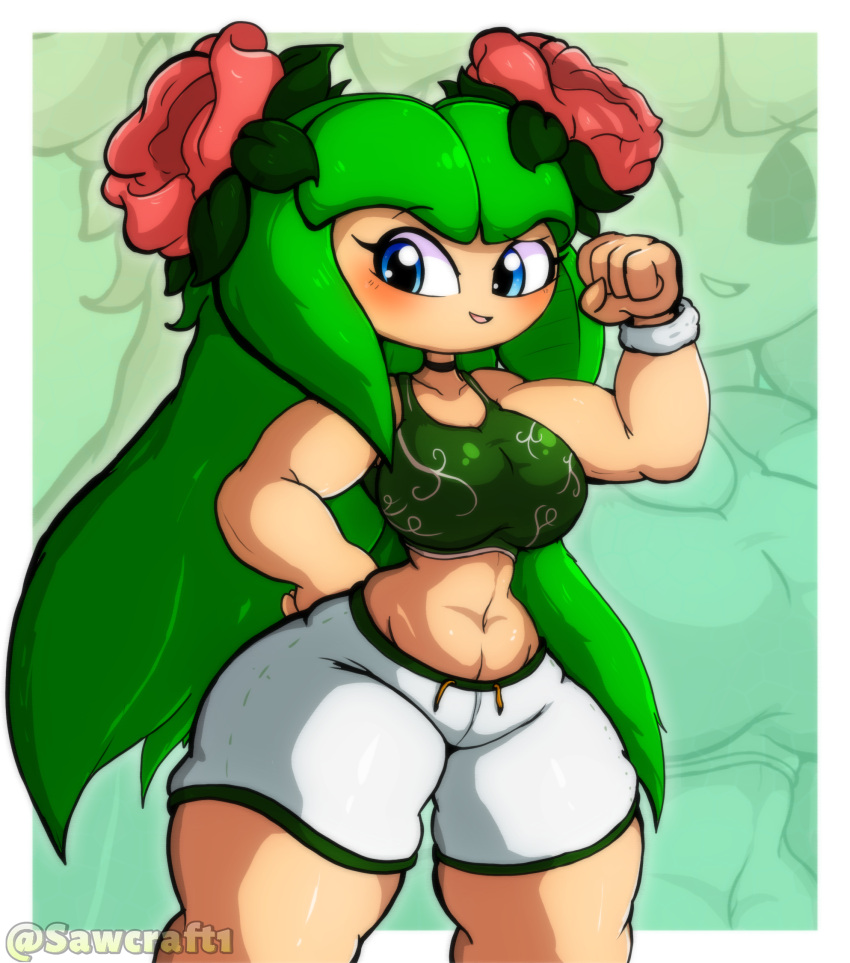 1girl 1girls 2023 alien alien_girl alien_humanoid artist_name big_breasts blue_eyes breasts cosmo_the_seedrian cosmo_the_seedrian_(adult) drawstring echo_background flexing flexing_arms flexing_bicep green_clothes green_clothing green_hair gym_clothes humanoid light-skin light-skinned_female light_skin light_skinned light_skinned_female muscular muscular_female plant plant_girl pseudo_hair sawcraft1 seedrian sega shorts signature sonic_(series) sonic_the_hedgehog_(series) sonic_x sports_bra sports_shorts thick_thighs tms_entertainment white_clothes white_clothing workout_clothes workout_clothing