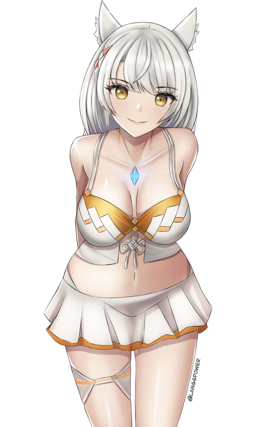 1girl 1girls absurd_res alluring arms_behind_back bare_arms bare_legs bare_shoulders bare_thighs bikini braid breasts cat_ears catgirl cleavage core_crystal female_only grin high_res hourglass_figure langspower medium_breasts midriff mio_(xenoblade) navel nintendo orange_bikini orange_swimsuit short_hair side_braid silver_hair simple_background smile swimsuit thick_thighs thigh_strap thighs white_background white_bikini white_swimsuit xenoblade_(series) xenoblade_chronicles_3 yellow_eyes