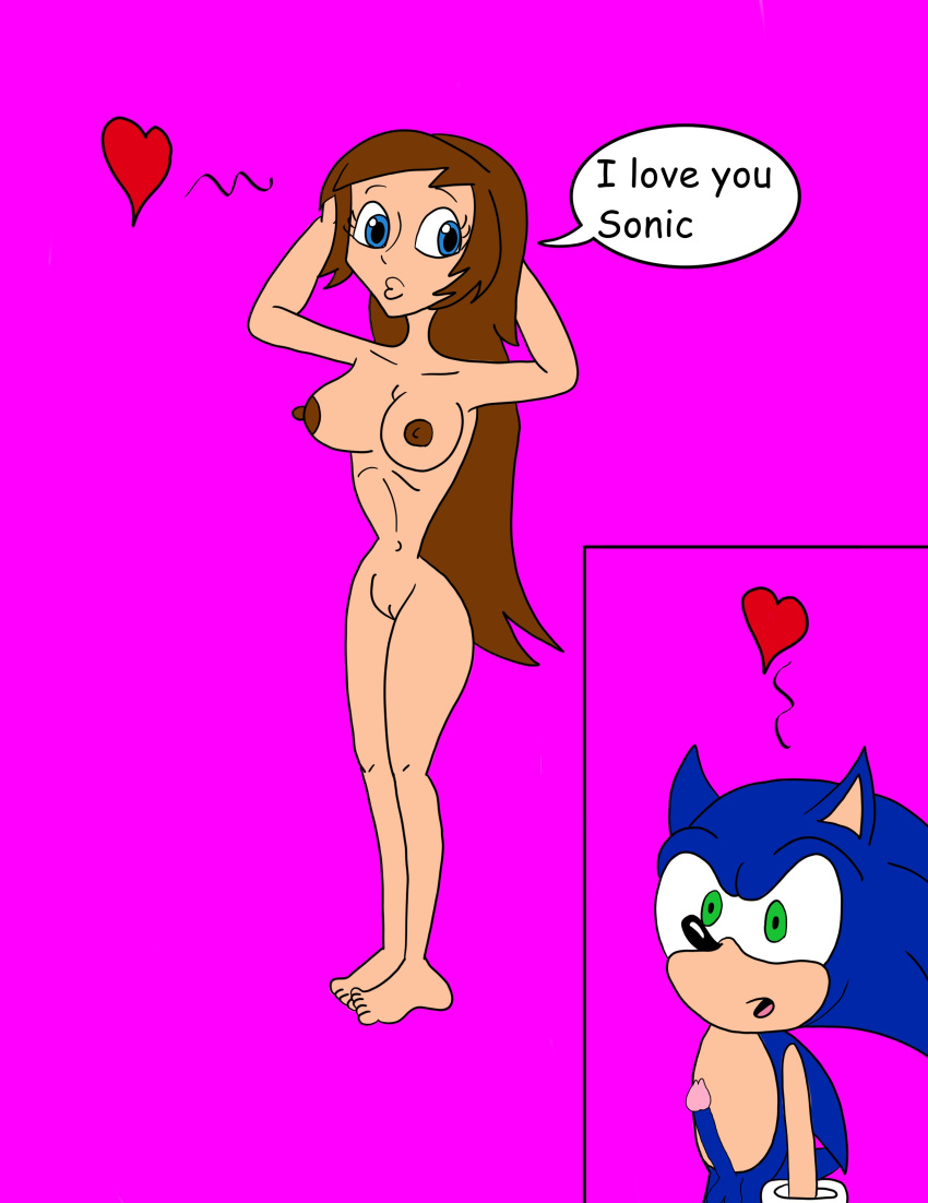 1girl barefoot black_nose blue_eyes blue_skin breasts breasts brown_hair english_text feet female_only furry green_eyes heart kissing navel nude_female open_mouth pussy sarah sega sexy_body sonic_the_hedgehog sonic_the_hedgehog_(series) text_bubble toes