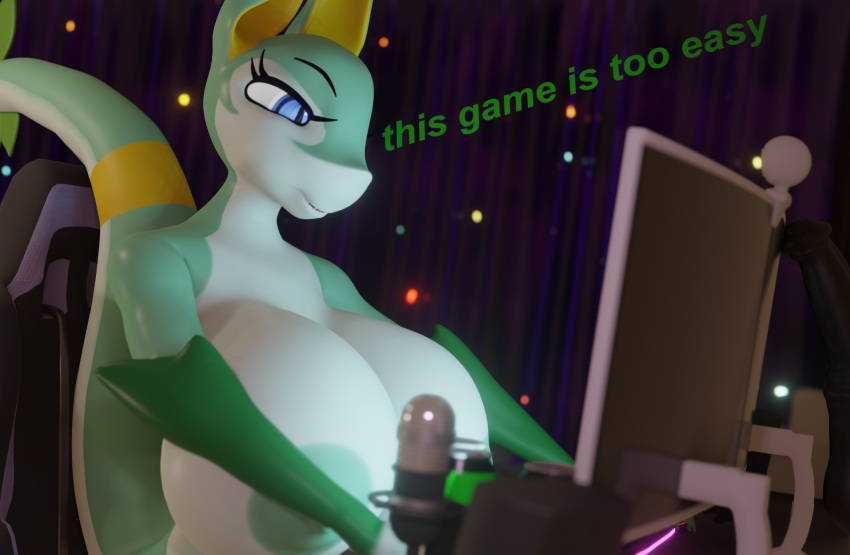 1girl anthro areola big_breasts blue_eyes breasts camera computer electronics generation_5_pokemon green_areola green_nipples high_res huge_breasts molly_(xlkev) nintendo nipples pokemon pokemon_(species) reptile scalie serperior snake tail webcam xlkev