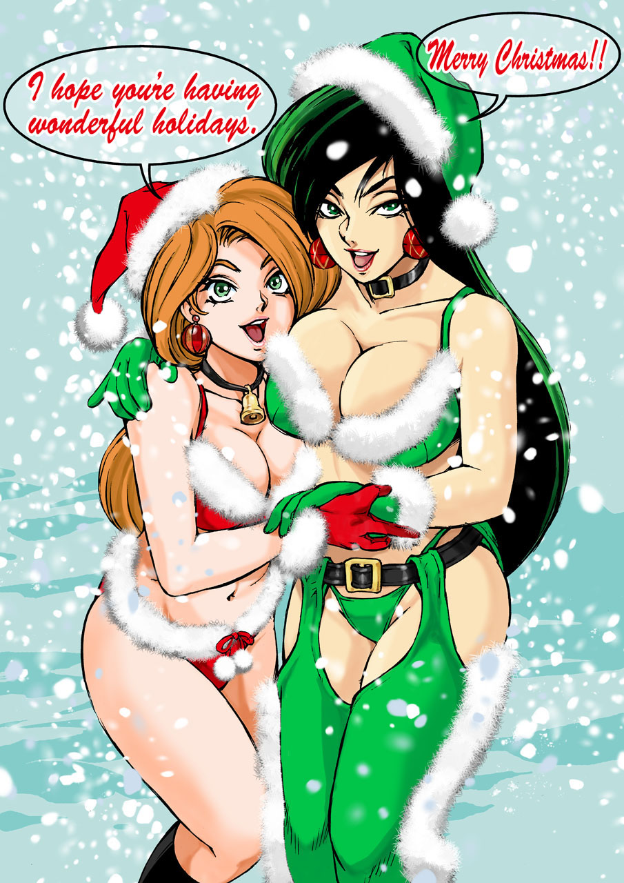 2_girls alternate_costume bare_arms bare_legs bare_shoulders bell belt big_breasts bikini bikini_top_only black_belt black_collar breasts christmas cleavage collar collarbone couple dark_green_hair disney earrings english_text fur_trim gloves green_bikini green_eyes green_gloves green_headwear groin half-closed_eyes happy hat high_res holding_hands hugging jewelry kim_possible kim_possible_(series) kugayama_hodai legs lips lipstick long_hair looking_at_viewer makeup medium_breasts merry_christmas midriff multiple_girls naughty_face navel neck neck_bell necklace open_mouth orange_hair pink_lips red_bikini red_gloves red_headwear red_lips round_teeth santa_hat shego simple_background smile snow speech_bubble standing stockings straight_hair swimsuit teeth thighs thong upper_teeth_only yuri