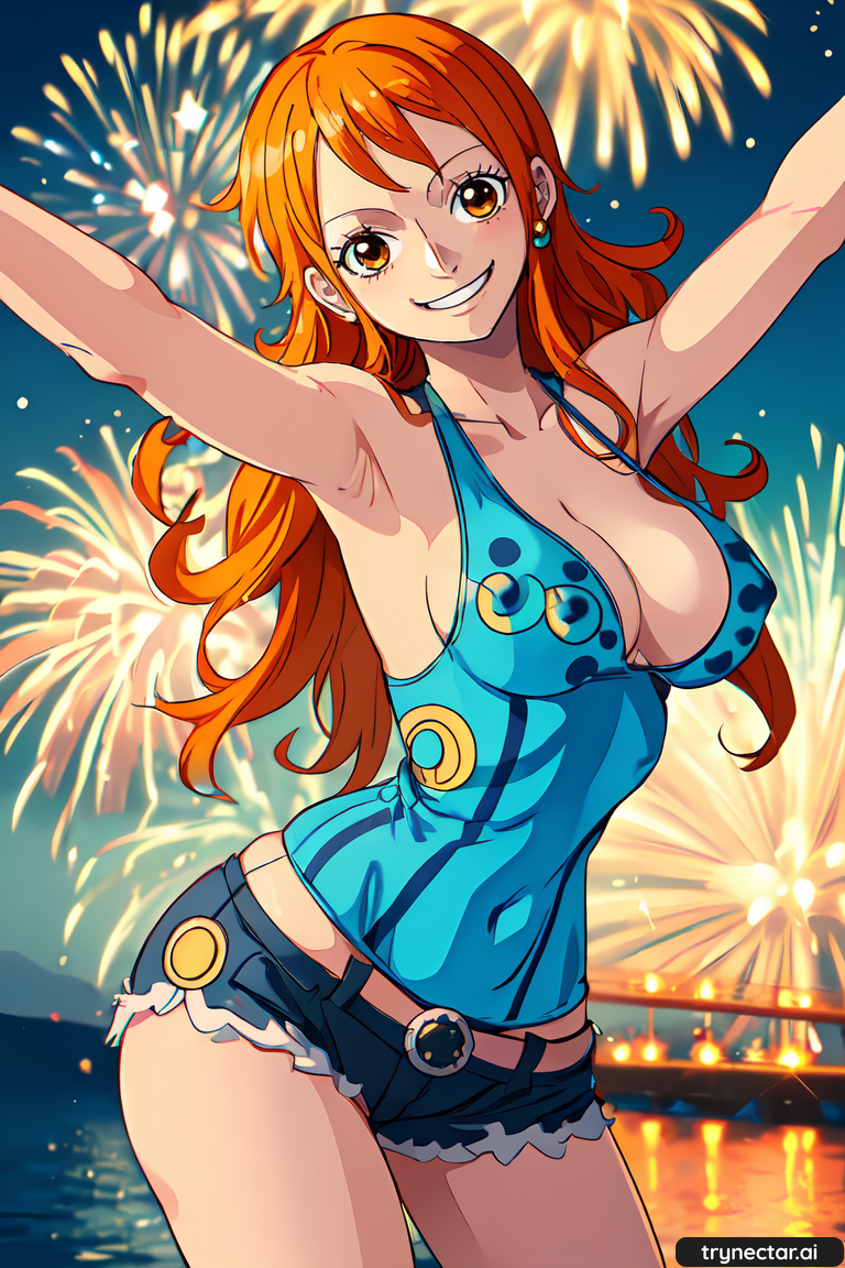 1girl ai_generated breasts female_only fireworks hentai nami new_year one_piece trynectar.ai waifu2x