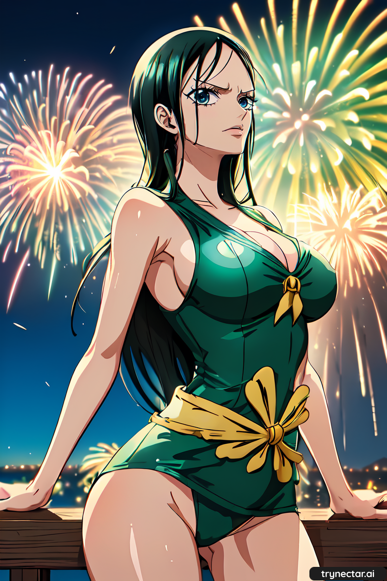 1girl ai_generated breasts female_only fireworks hentai new_year nico_robin one_piece trynectar.ai waifu2x