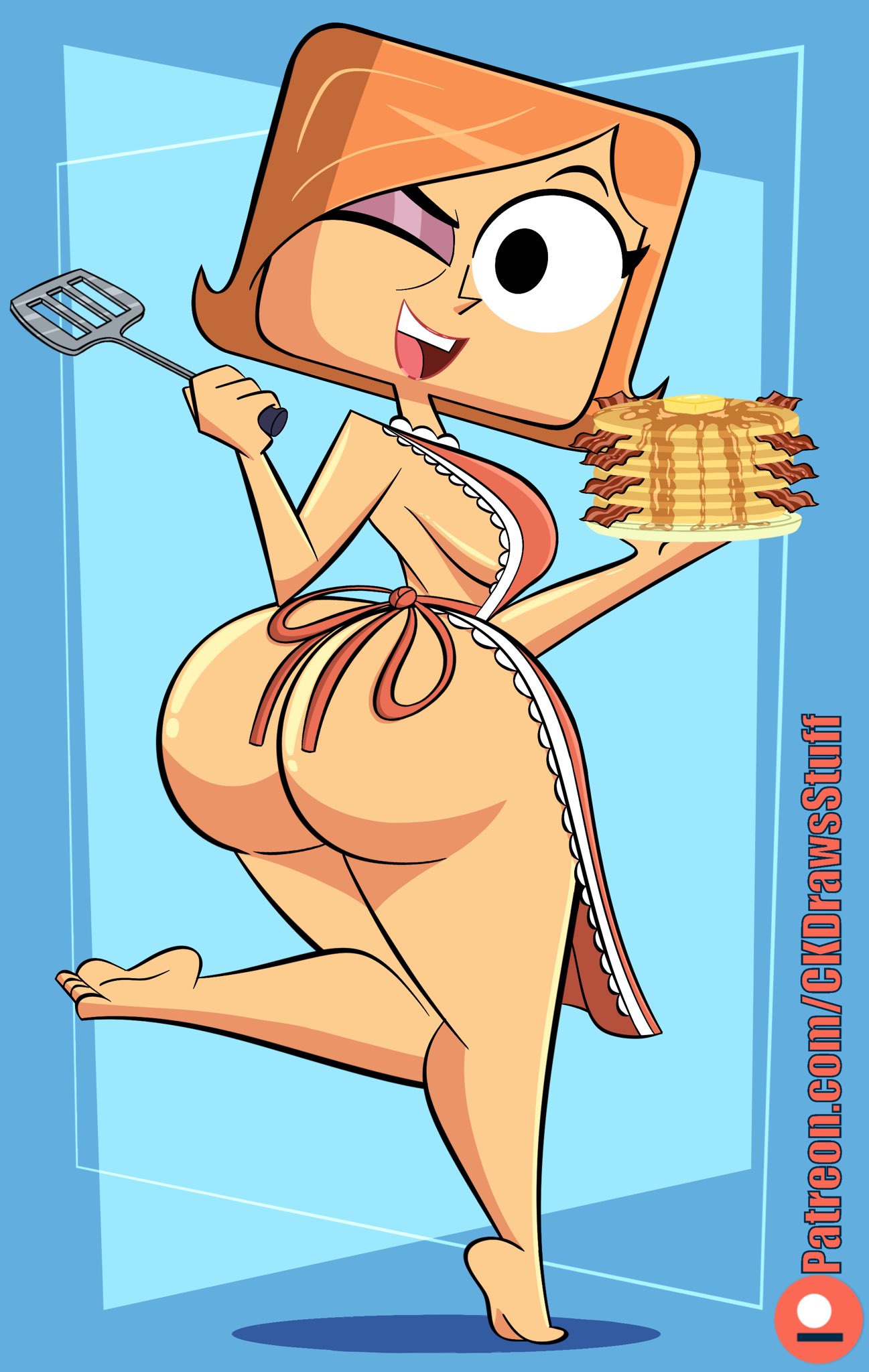 1girl apron ass ass bacon bare_legs barefoot black_eyes blue_background breakfast ckdrawstuff cute debbie_turnbull female_only looking_back milf open_mouth orange_hair pancakes robotboy shiny shiny_skin sideboob toes winking_at_viewer