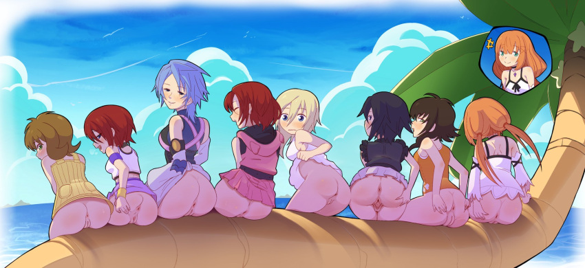 6+girls anus aqua_(kingdom_hearts) ass blonde_hair blue_hair bottomless breasts brown_hair clothes_lift commentary detached_sleeves dress dress_lift english_commentary final_fantasy final_fantasy_viii high_res kairi kingdom_hearts kingdom_hearts_358/2_days kingdom_hearts_birth_by_sleep kingdom_hearts_chain_of_memories kingdom_hearts_i kingdom_hearts_ii kingdom_hearts_iii kingdom_hearts_x leaning_forward looking_at_viewer looking_back low_twintails medium_breasts medium_hair multiple_girls namine no_panties ocean olette palm_tree pussy red_hair selphie_tilmitt short_hair skirt skirt_lift small_breasts spaghetto087 spread_pussy strelitzia take_your_pick time_paradox tree twin_tails xion