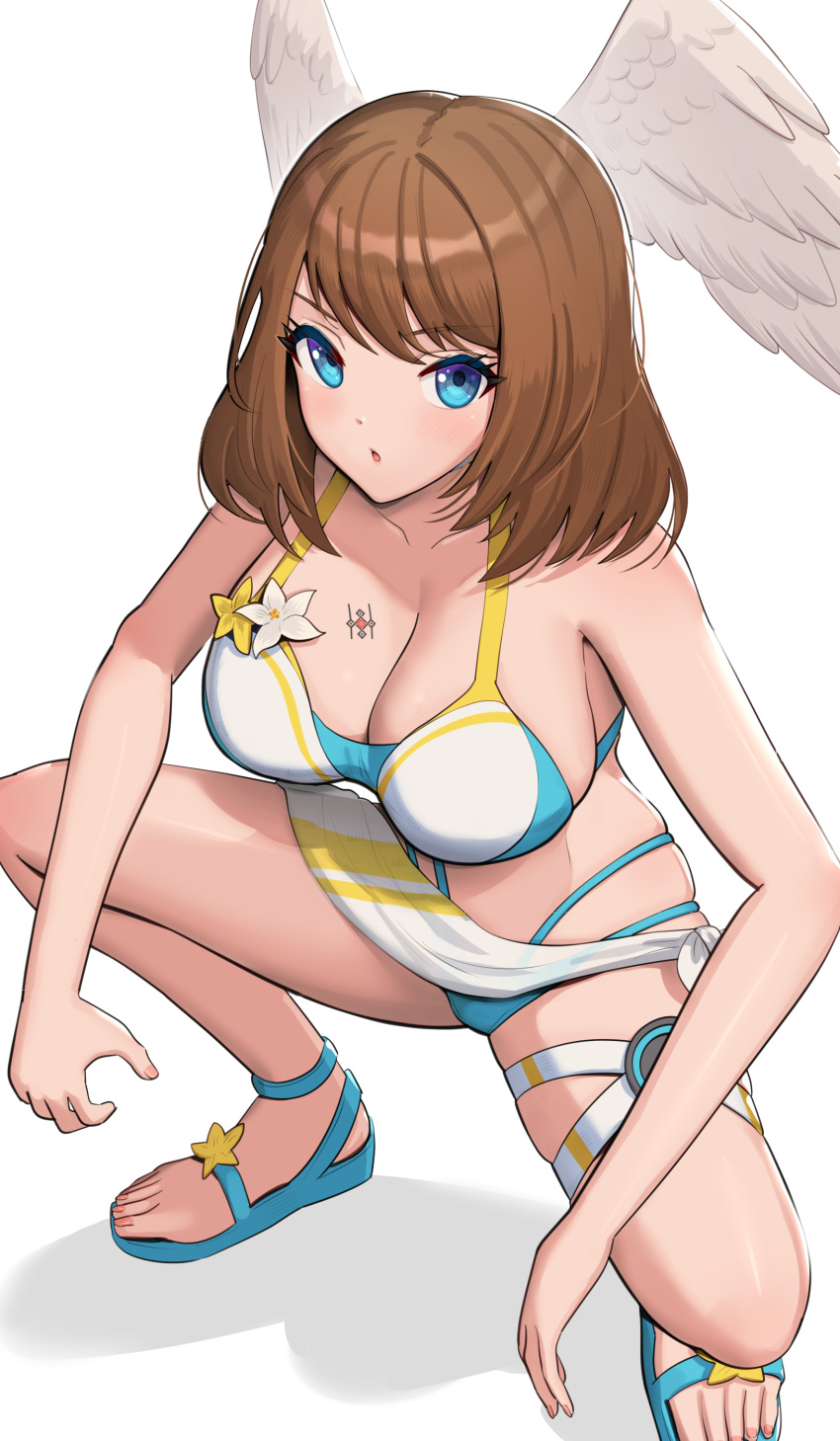 1girl :o absurd_res alluring big_breasts bikini blue_eyes breast_tattoo breasts brown_hair cleavage collarbone commentary eunie_(xenoblade) gonzarez head_wings high_res looking_at_viewer multi-strapped_bikini_bottom multicolored_bikini multicolored_clothes nail_polish nintendo official_alternate_costume parted_lips sandals sarong simple_background skindentation squatting swimsuit tattoo white_background wings xenoblade_(series) xenoblade_chronicles_3