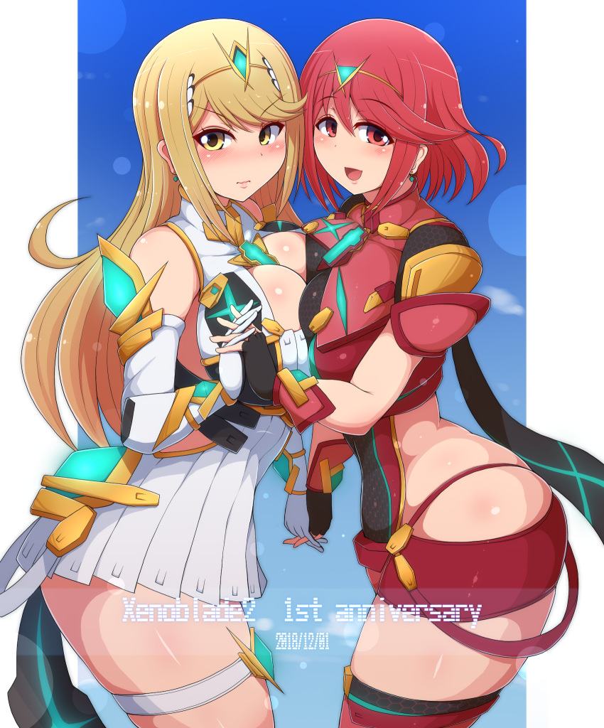 2_girls alluring anniversary bare_shoulders big_breasts big_breasts blonde_hair breast_press circlet cleavage commentary_request dual_persona earrings elbow_gloves fingerless_gloves gloves high_res jewelry long_hair multiple_girls mythra nintendo ponpo ponponmaru pyra red_eyes red_hair short_hair skindentation symmetrical_docking thick_thighs thigh_strap thighs xenoblade_(series) xenoblade_chronicles_2 yellow_eyes