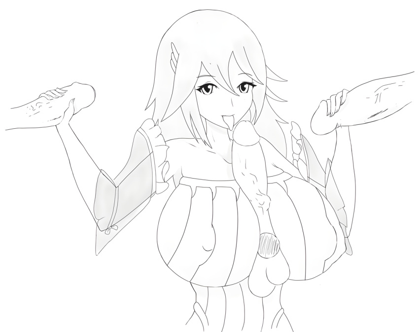 big_breasts big_breasts bimbo breasts bride clothed clothed_paizuri clothed_sex cordelia_(fire_emblem) double_handjob fire_emblem fire_emblem_awakening foursome group_sex handjob huge_breasts line_art looking_at_viewer monochrome paizuri paizuri_over_clothes tongue tongue_out wedding_dress