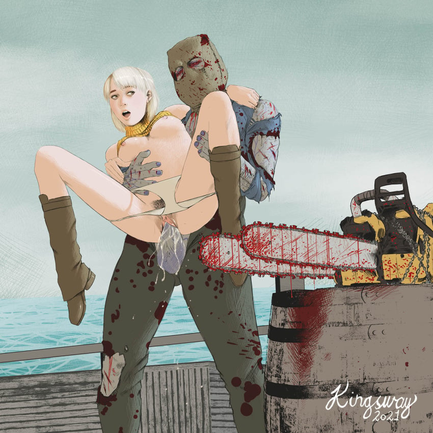 1boy 1girl 1girls 1monster 2021 arm_around_neck artist_name ashley_graham ashley_graham_(brooke_elizabeth_mathieson) bag bag_over_head barrel biohazard biohazard_4 blonde_hair b***d blood_stain boots bottomless breasts breasts_out brown_eyes capcom carrying chainsaw clitoris clothed_male cum cum_in_pussy dr._salvador face_covered giant_chainsaw_man grey_skin hand_on_thigh hand_on_waist human interspecies kingsway light-skinned_female looking_at_partner male male/female mega_dr._salvador monster no_bra no_pants open_mouth outside pale-skinned_female panties panties_down pants penis penis_out pink_lips pubic_hair pussy pussy_hair red_eyes resident_evil resident_evil_4 ripped_clothing ripped_pants ripped_shirt sex shirt shirt_up stand_and_carry_position super_salvador testicle tight_pussy undead vaginal_penetration vaginal_sex water white_panties zombie