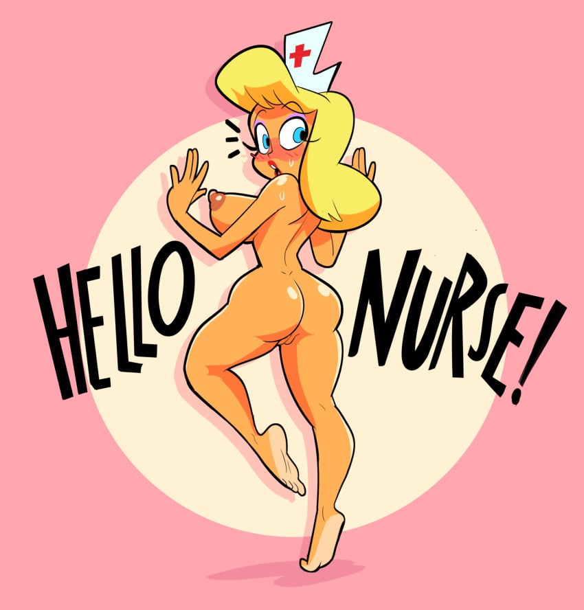 1girl 1girl 1girls animaniacs areola ass barefoot blonde_hair blue_eyes blush breasts curvy embarrassed embarrassed_nude_female enf erect_nipples exposed exposed_ass exposed_nipples exposed_pussy feet female_only hairless_pussy hello_nurse heloise_nerz herny huge_breasts human large_ass lipstick looking_back lost_clothes nipples nude nurse open_mouth pussy soles sweatdrop text toes