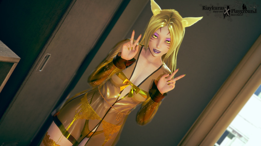 1girl 3d 3d_model blonde_female blonde_hair cat_ears cat_humanoid catgirl colored_nails eyeshadow face_markings female_only ffxiv final_fantasy final_fantasy_xiv golden_clothing golden_eyes golden_lingerie golden_nail_polish golden_nails golden_panties golden_stocking grin lingerie miqo'te nail_polish nails only_female panties purple_eyeshadow purple_lips purple_lipstick riaykuras_playground ribbon smile smiling_at_viewer solo_female standing stockings transparent_clothing ultraviira_donnerauge underwear warrior_of_light_(final_fantasy_xiv)