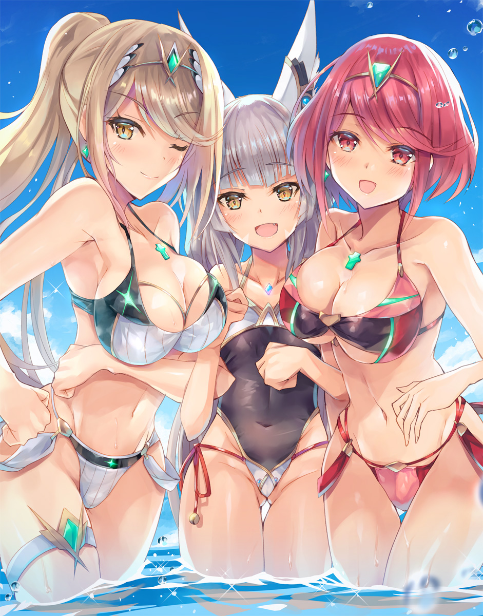 3_girls alluring big_breasts bikini black_one-piece_swimsuit black_swimsuit blonde_hair breasts cat_ears catgirl clouds core_crystal covered_navel earrings facial_markings grey_hair hinot in_water inoue_takuya_(pixiv_99697) locked_arms looking_at_viewer midriff mythra navel nia nia_(blade)_(xenoblade) nia_(xenoblade) nintendo ocean one-piece_swimsuit outside ponytail pyra red_bikini red_eyes red_hair red_swimsuit short_hair sky small_breasts swimsuit tiara twin_tails water white_bikini white_swimsuit winking winking_at_viewer xenoblade_(series) xenoblade_chronicles_2 yellow_eyes