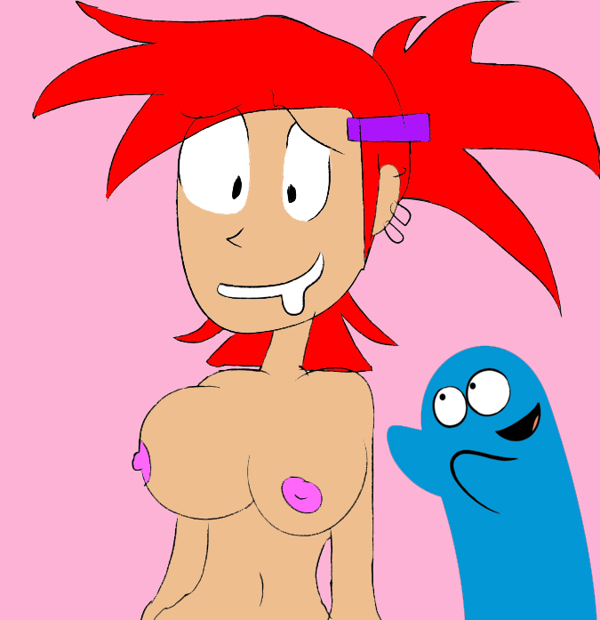 1boy 1girl 2024 big_breasts black_eyes bloo blooregard blue_skin breasts cartoon_network colored earrings foster's_home_for_imaginary_friends frankie_foster grin imaginary_friend looking_at_viewer male navel open_mouth pink_background pink_nipples red_hair simple_cartoon smile smiling_at_viewer