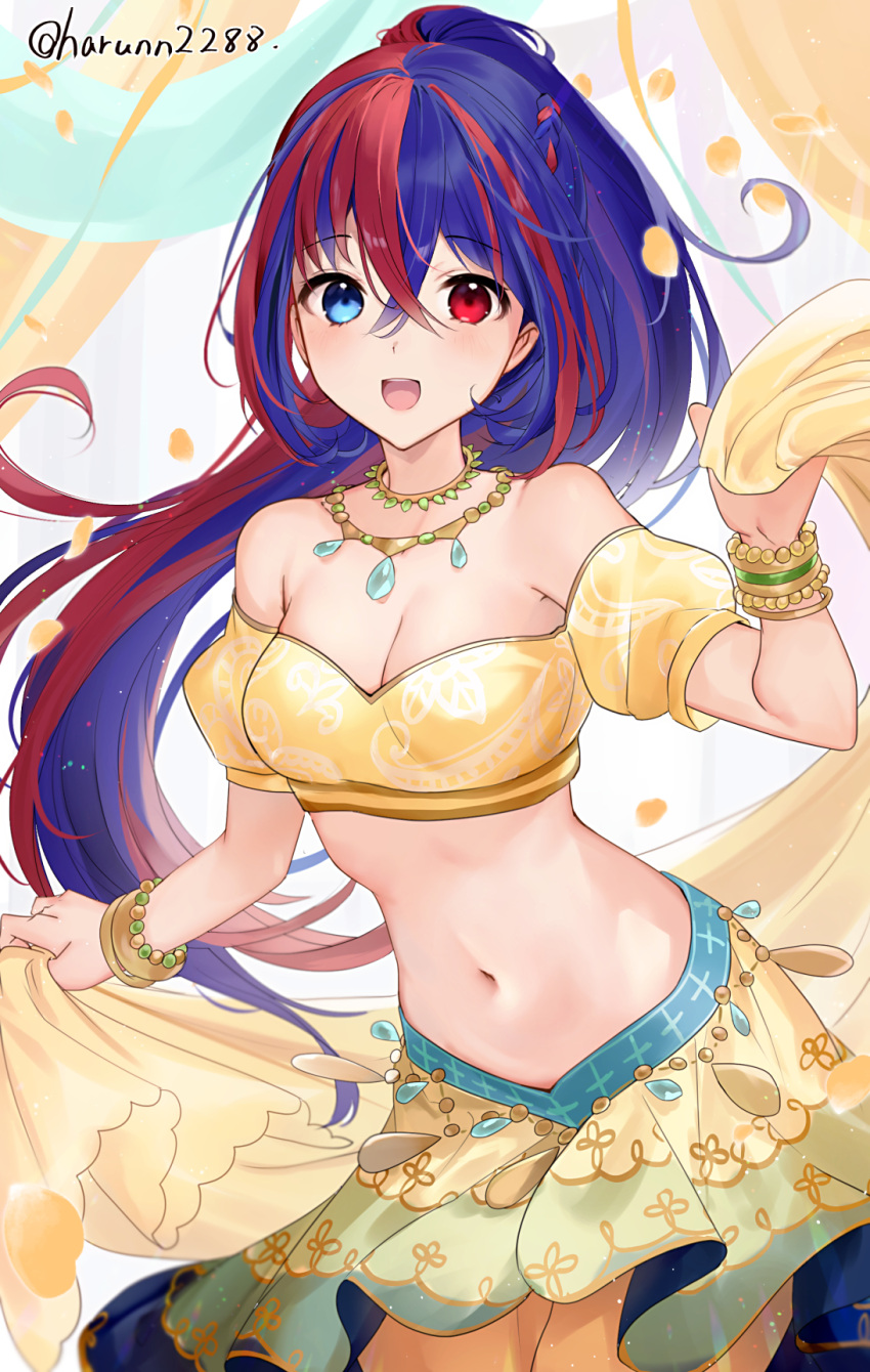 1girl 1girl 1girl 2024 :d alear_(female)_(fire_emblem) alear_(fire_emblem) alluring alternate_costume artist_name bare_shoulders belly_chain blue_eyes blue_hair bracelet breasts cleavage commentary cowboy_shot crop_top dancer female_only fire_emblem fire_emblem_engage hair_between_eyes haru_(nakajou-28) heterochromia high_res jewelry light-skinned_female light_skin long_hair looking_at_viewer medium_breasts midriff multicolored_hair navel necklace nintendo off-shoulder_shirt off_shoulder official_alternate_hairstyle open_mouth ponytail puffy_short_sleeves puffy_sleeves red_eyes red_hair shirt short_sleeves skirt smile split-color_hair standing stomach streaked_hair two-tone_hair very_long_hair watermark yellow_shirt yellow_skirt