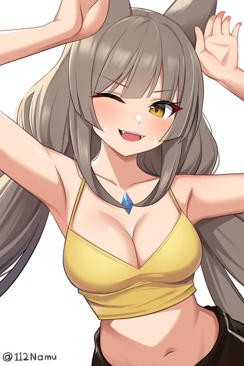 1girl 1girl :d alluring alternate_costume animal_ears armpits arms_up bare_shoulders breasts camisole cleavage commentary crop_top grey_hair high_res long_hair looking_at_viewer low_twintails medium_breasts midriff namu_(112namu) navel nia_(blade)_(xenoblade) nia_(xenoblade) open_mouth smile spaghetti_strap stomach twin_tails upper_body very_long_hair white_background xenoblade_(series) xenoblade_chronicles_2 yellow_eyes