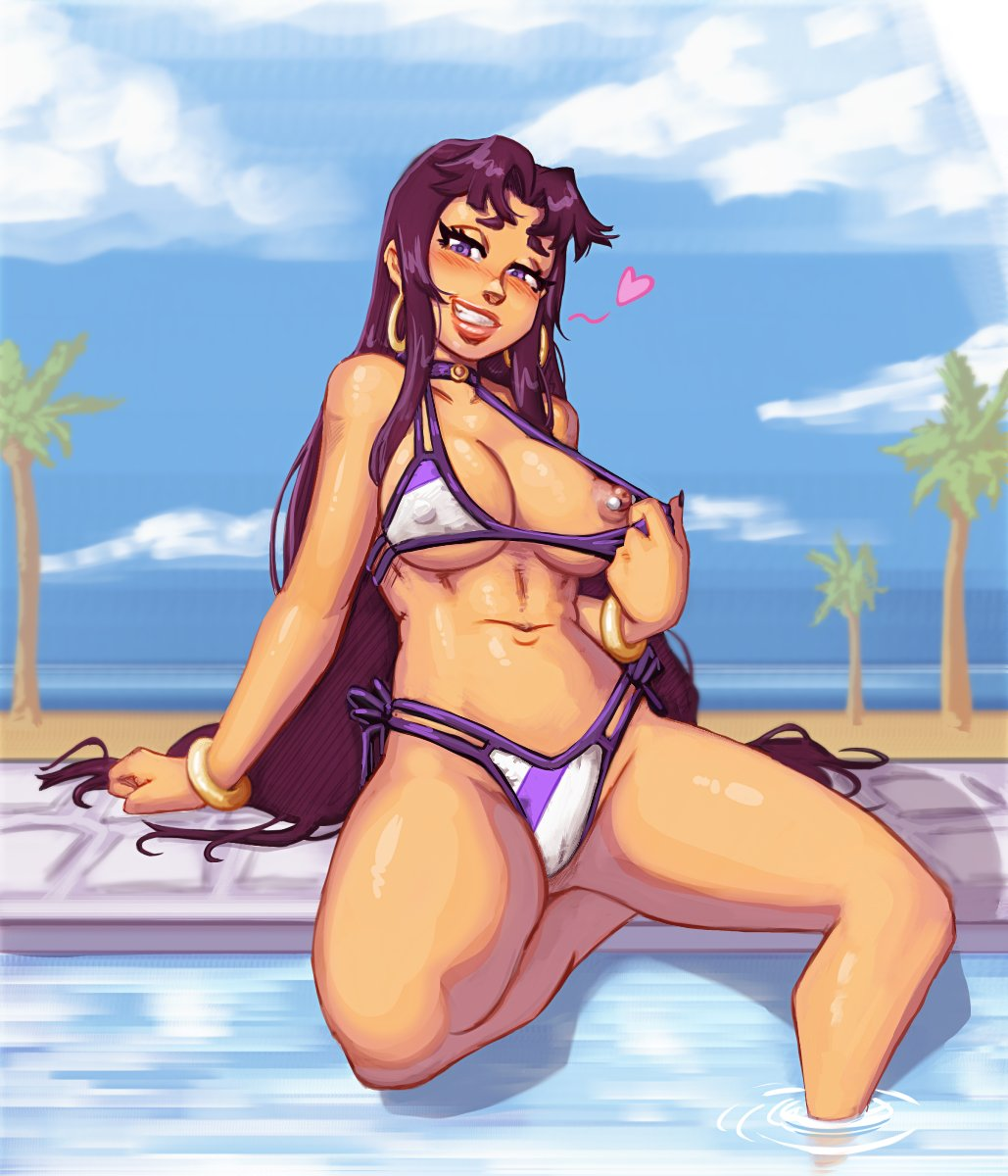 1girl 2024 beach_background bikini blackfire blush breasts dc_comics female female_focus female_only flashing flashing_breasts foot_in_water heart komand'r l0ngsword long_hair looking_at_viewer navel nipple_piercing nipples pool poolside purple_bikini purple_eyes purple_hair solo striped_bikini striped_swimsuit swimsuit teen_titans thick_thighs thighs water white_bikini