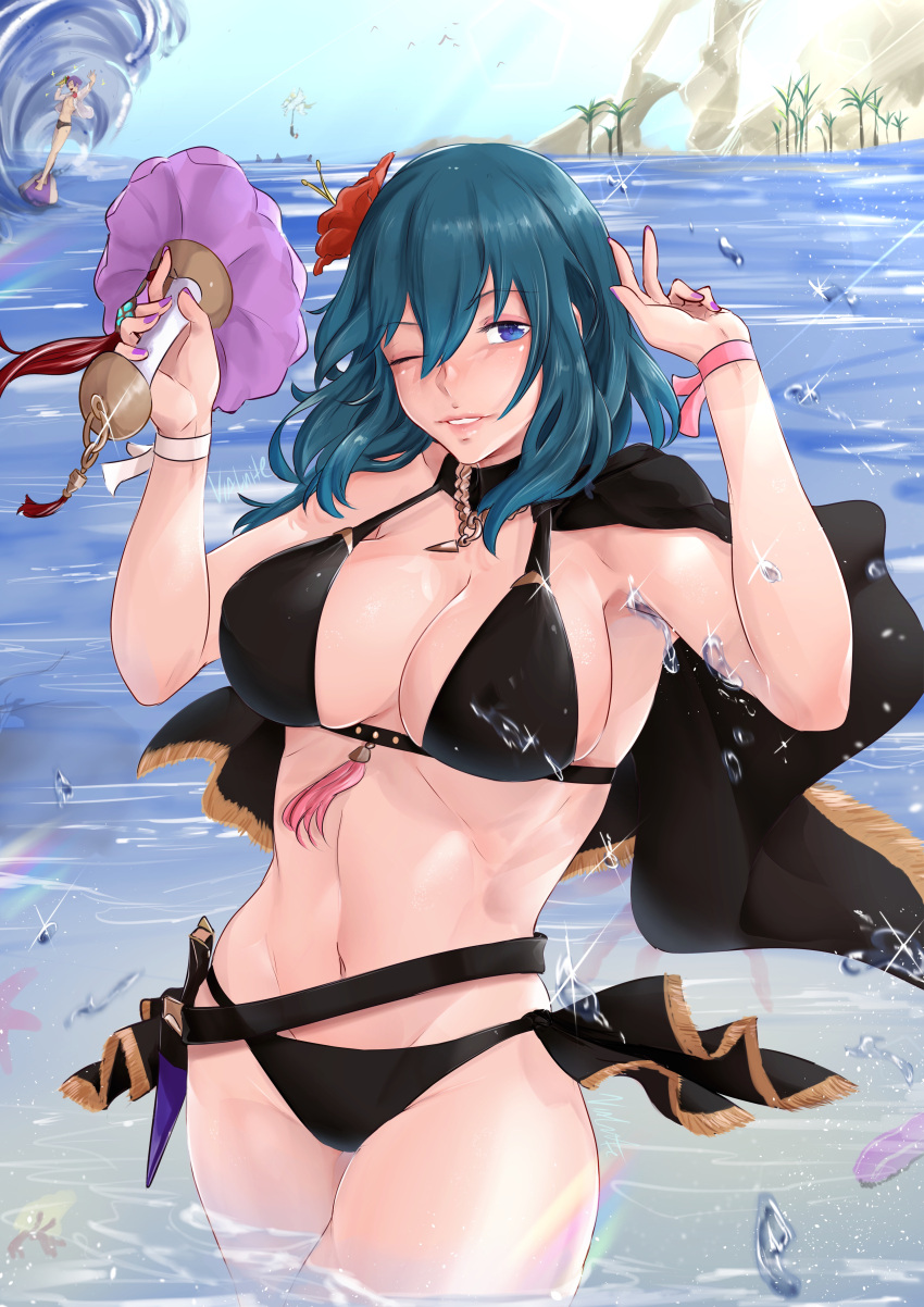1boy 1girl absurd_res alluring bare_arms bare_shoulders belt big_breasts bikini black_belt black_bikini black_capelet blue_eyes blue_sky breast byleth_(fire_emblem) byleth_(fire_emblem)_(female) byleth_(summer)_(fire_emblem)_(female) capelet cleavage commentary_request cowboy_shot day fire_emblem fire_emblem:_three_houses fire_emblem_heroes flower hair_flower hair_ornament high_res long_hair looking_at_viewer lorenz_hellman_gloucester lorenz_hellman_gloucester_(summer) nail_polish navel nintendo ocean official_alternate_costume one_eye_closed outside parted_lips purple_nails red_flower ribbon sky solo_focus standing stomach surfing swimsuit teal_hair thighs vialnite wading water wrist_ribbon
