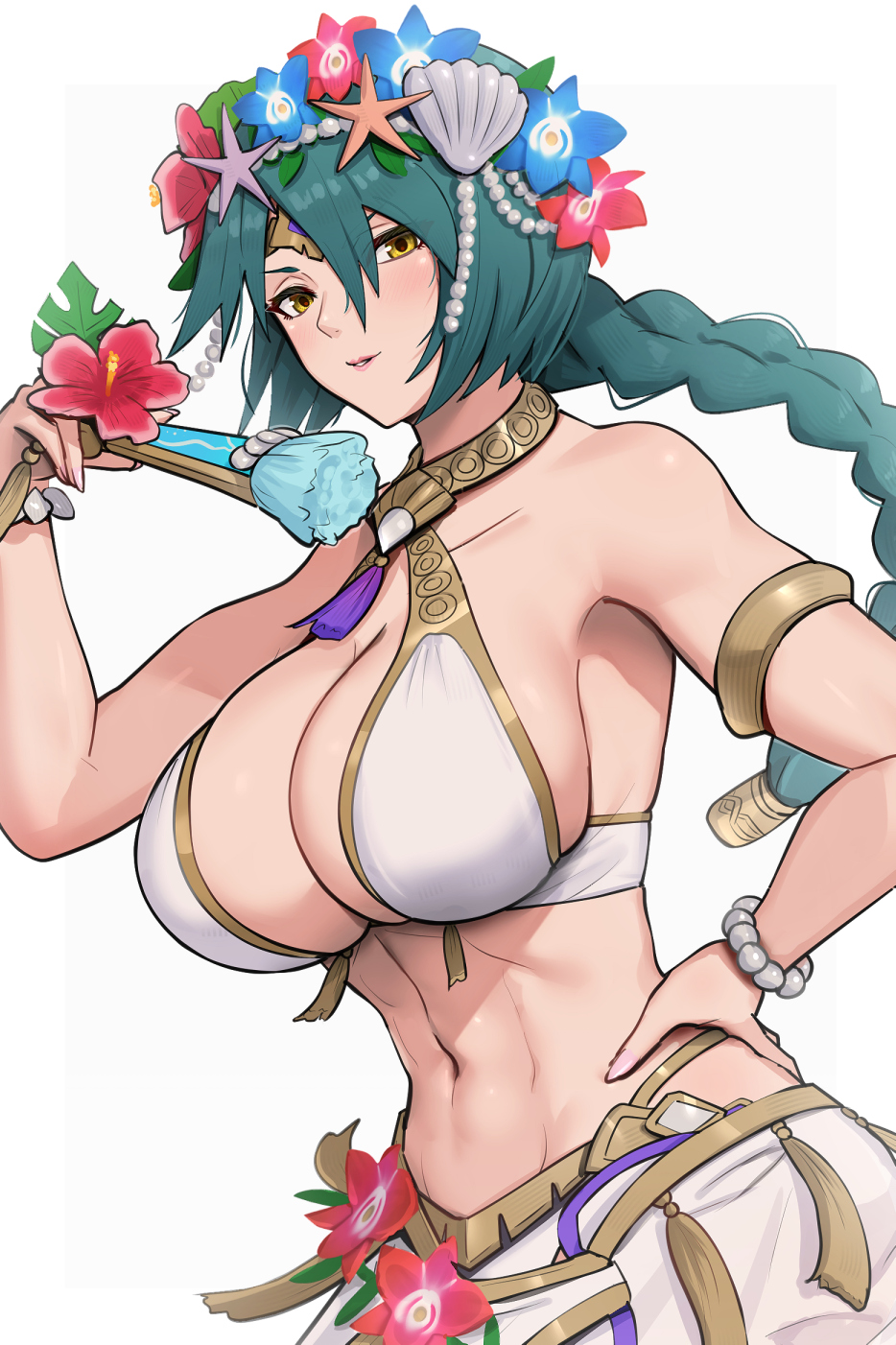 1girl 1girl 1girl alluring alternate_costume armband athletic_female bangs bare_arms bare_shoulders bead_bracelet beads big_breasts bikini blue_flower bracelet breasts cleavage commentary female_abs female_only fire_emblem fire_emblem_heroes fit_female flower folding_fan gonzarez hair_between_eyes hair_flower hair_ornament hand_fan hand_on_hip high_res holding holding_fan jewelry long_braid long_hair looking_at_viewer navel nintendo official_alternate_costume parted_lips pink_flower sarong seashell shell shell_hair_ornament simple_background stomach swimsuit teal_hair thorr_(fire_emblem) thorr_(summer)_(fire_emblem) upper_body white_background white_bikini white_swimsuit yellow_eyes