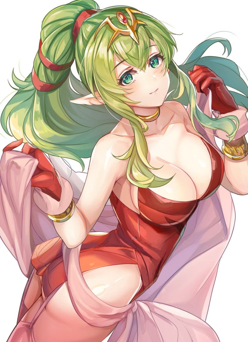 1girl 1girl 1girl alluring ass bare_shoulders bare_thighs big_ass big_breasts breasts cape cleavage collar collarbone commentary_request dress fire_emblem fire_emblem_awakening garter_straps gloves green_eyes green_hair hair_ornament high_res jewelry kokouno_oyazi long_hair manakete nintendo no_bra no_panties no_underwear older pointy_ears ponytail red_dress red_gloves short_dress side_slit simple_background smile stockings strapless strapless_dress thighs tiara tiki_(adult)_(fire_emblem) tiki_(fire_emblem) undressing white_background