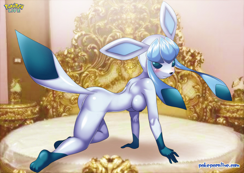 1girl 1girl 1girls ass bbmbbf blush breasts eeveelution female_only glaceon looking_at_viewer nintendo palcomix pokemon pokemon_(species) pokepornlive smile solo_female