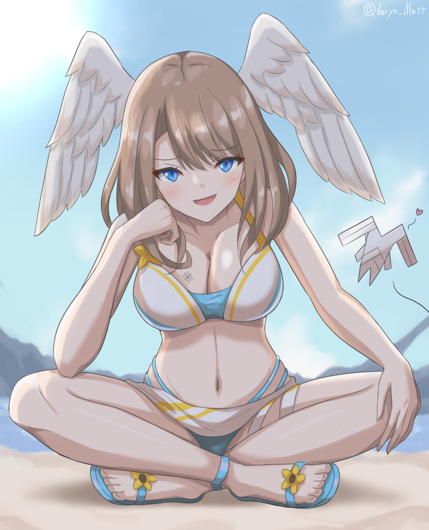 1girl :d absurd_res alluring artist_name beach bikini blue_eyes blue_footwear blush breast_tattoo breasts cleavage commentary_request eunie_(xenoblade) full_body head_wings high_res indian_style light_brown_hair looking_at_viewer medium_breasts medium_hair mondo_(xenoblade_3) multi-strapped_bikini_bottom navel nintendo official_alternate_costume open_mouth outside ryochan96154 sandals sitting smile swimsuit tattoo white_wings wings xenoblade_(series) xenoblade_chronicles_3