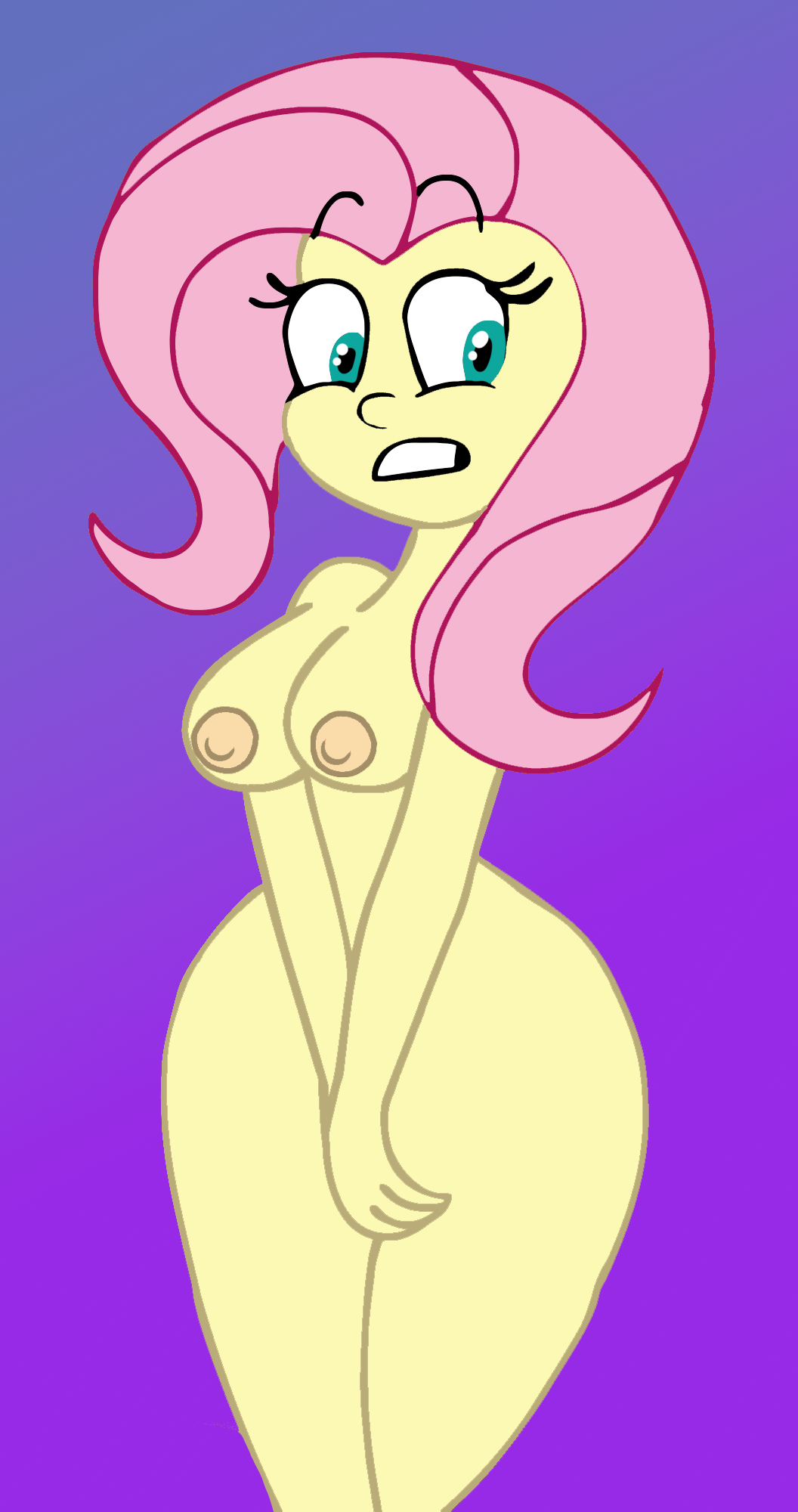 1girl 1girl 2024 blue_eyes blush breasts covered_navel cute edit equestria_girls eyebrows eyelashes female_only fluttershy fluttershy_(mlp) friendship_is_magic looking_at_viewer my_little_pony nipples nude pink_hair purple_background scobionicle99 sexy_breasts yellow_body yellow_skin