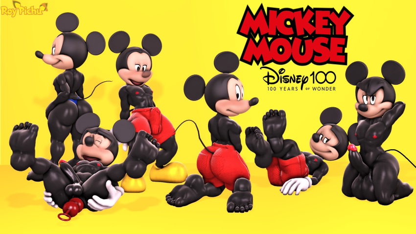 100_years 3d anal_insertion black_eyes black_nose black_skin blue_panties closed_eyes disney feet furry furry_male furry_only mickey_mouse mouse nipples open_mouth red_shorts rodent roy_pichu tail white_gloves