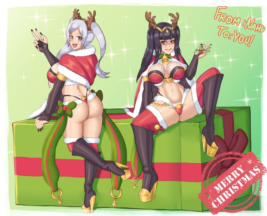2_girls :p alluring alternate_costume ass bangs bare_midriff bare_thighs big_ass big_breasts black_hair black_nails boots bra braid breasts bridal_gauntlets brown_eyes cape christmas cosplay female_only fire_emblem fire_emblem_awakening fire_emblem_heroes grey_hair high_heels licking_lips looking_at_viewer looking_back midriff mistletoe multiple_girls nahusmash nails naughty_face nintendo official_alternate_costume panties red_panties robin_(fire_emblem) robin_(fire_emblem)_(female) sitting smile spread_legs stockings tharja_(fire_emblem) tharja_(fire_emblem)_(cosplay) tharja_(winter)_(fire_emblem) thick_thighs thighs tongue tongue_out twin_tails underwear