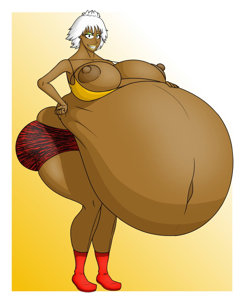 1girl 1girl 1girls aregularslime ass ballmastrz:_9009 belly belly_expansion belly_inflation big_ass big_belly big_breasts breasts dark-skinned_female dark_skin gaz_digzy huge_belly huge_breasts inflation nipples short_hair solo_female white_hair