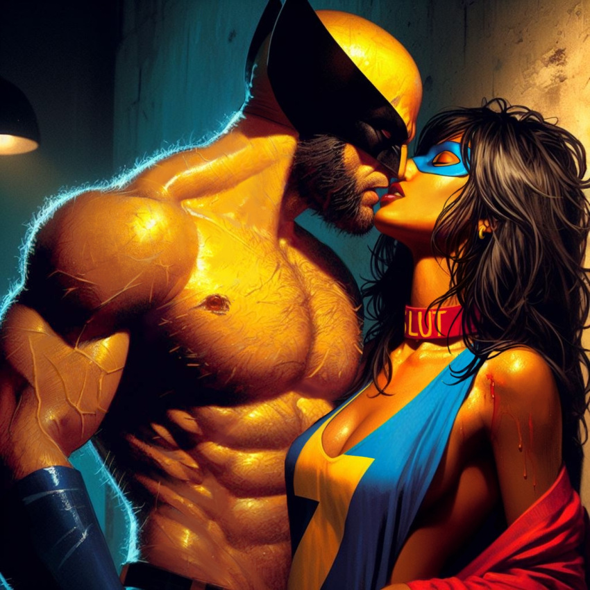 1boy 1girl age_difference ai_edit ai_generated almost_kissing big_breasts b***d brown_hair brown_skin bullet_wound canadian choker cleavage closed_eyes dark-skinned_female earrings eyemask gloves interracial jacket kamala_khan logan_(x-men) long_hair marvel marvel_comics masked masked_male ms._marvel muscular_male muslim_female old_and_young older_male pakistani_female sideboob sideburns size_difference slutty_teen superhero superheroine topless_male wolverine_(x-men) x-men younger_female