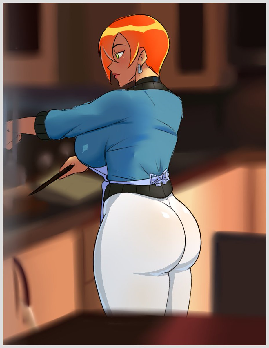 1girl apron ben_10 big_ass big_breasts breasts cartoon_network cooking dat_ass donchibi female female_only fully_clothed future_gwen_tennyson green_eyes gwen_tennyson large_ass milf orange_hair red_hair short_hair solo thick_thighs