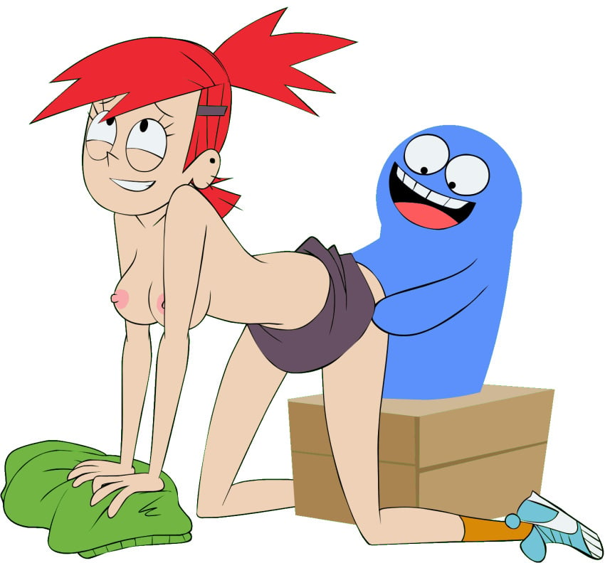 1boy 1boy1girl 1girl 1girls accurate_art_style ass_grab bloo bloo_me_(zone) bottomless breasts cartoon_network clothing doggy_position edit foster's_home_for_imaginary_friends frankie_foster gif male red_hair skirt socks topless transparent_background zone