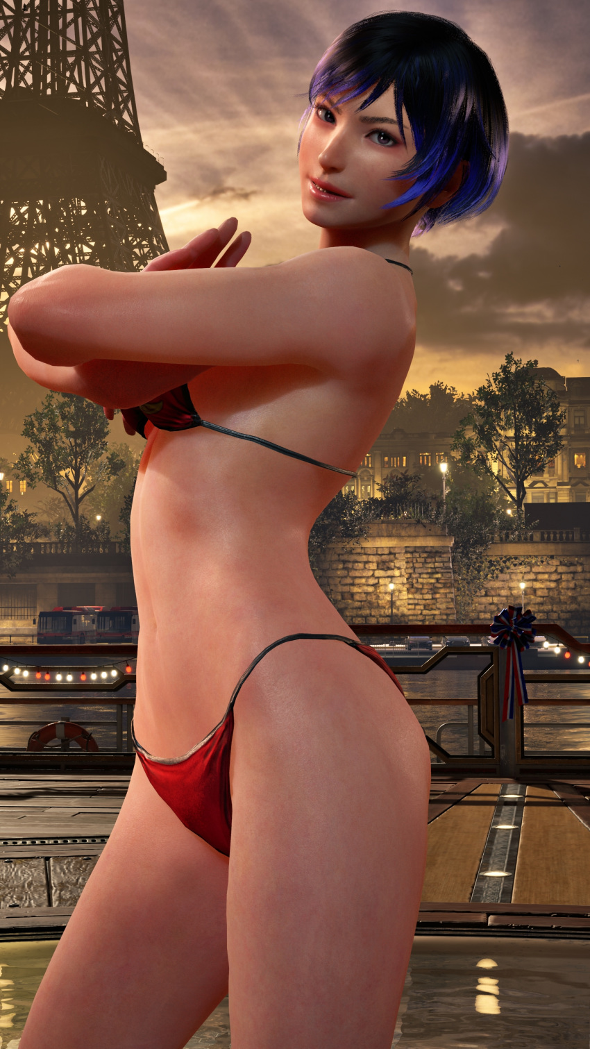 1girl alluring ass athletic_female bikini black_and_purple_hair breasts eiffel_tower female_only fit_female insanely_hot namco partially_clothed posing reina_mishima screencap sunset tekken tekken_8