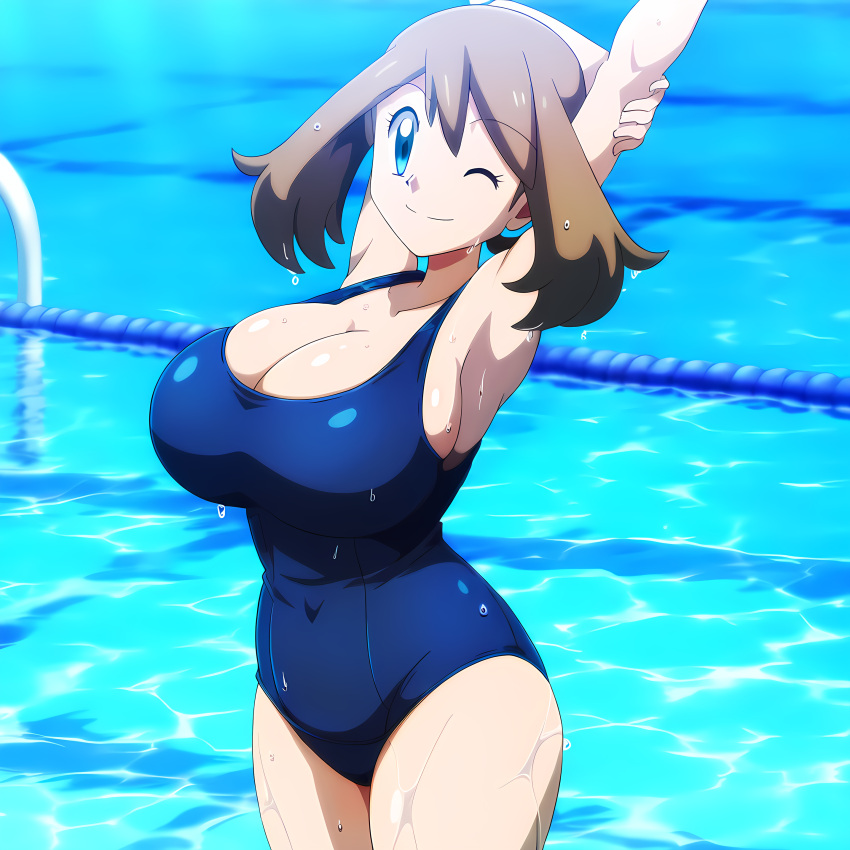 1girl 2024 accurate_art_style arched_back big_breasts blue_eyes breasts brown_hair cleavage game_freak high_res may_(pokemon) mayday_(artist) nintendo one-piece_bikini one_eye_closed outside pokemon pokemon_(anime) pool school_swimsuit smile stretching swimming_pool water wet