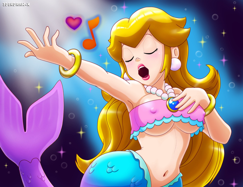 1girl digital_media_(artwork) fanart female female_only idendrawx mario_(series) mermaid mermaid_peach navel nintendo parody princess_peach princess_peach:_showtime! singing solo