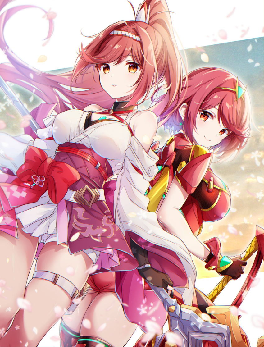 2_girls aegis_sword_(xenoblade) alluring bare_shoulders big_breasts breasts chest_jewel cleavage core_crystal_(xenoblade) criss-cross_halter detached_sleeves earrings fingerless_gloves glimmer_(xenoblade) gloves hairband halterneck headpiece high_ponytail high_res japanese_clothes jewelry kimono long_hair looking_at_viewer mother_&amp;_daughter multiple_girls nintendo obi ponytail pyra red_eyes red_hair sash short_hair shorts smile stockings swept_bangs tiara two-tone_hairband ui_frara white_kimono xenoblade_(series) xenoblade_chronicles_2 xenoblade_chronicles_3 xenoblade_chronicles_3:_future_redeemed